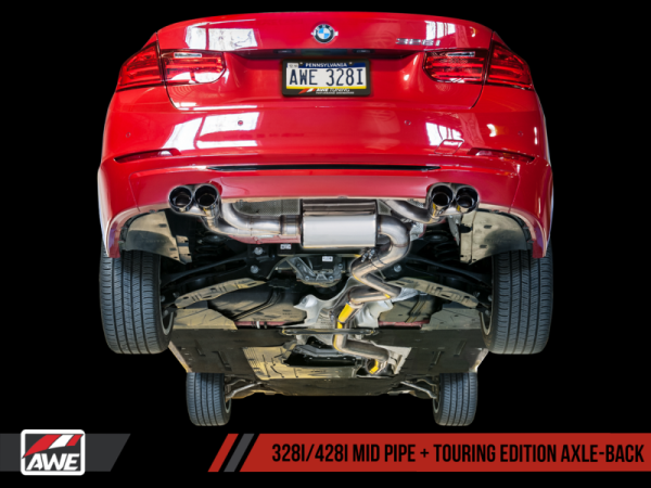 AWE Tuning - AWE Tuning BMW F3X N20/N26 328i/428i Touring Edition Exhaust Quad Outlet - 80mm Diamond Black Tips - 3010-43036