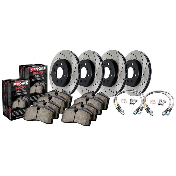StopTech - StopTech Sport Axle Pack; Drilled Rotor; 4 Wheel Brake Kit with Brake lines