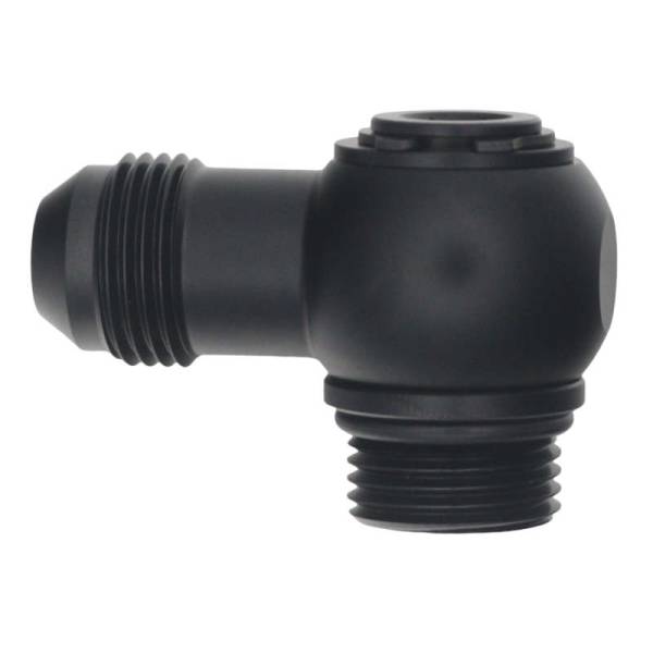 DeatschWerks - DeatschWerks 8AN ORB Male to 8AN Male Flare Low Profile 90-Degree Swivel - Anodized Matte Black - 6-02-0416-B