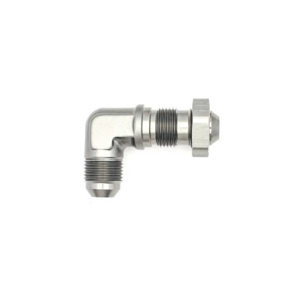 DeatschWerks - DeatschWerks 8AN Male Flare To 8AN Male Flare Bulkhead Adapter 90-Degree (Incl. Nut) - 6-02-0711