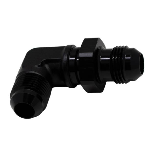 DeatschWerks - DeatschWerks 8AN Male Flare to 8AN Male Flare Bulkhead Adapter 90-Degree - Anodized Matte Black - 6-02-0711-B