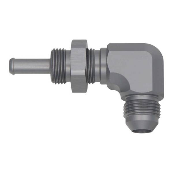 DeatschWerks - DeatschWerks 8AN Male Flare To 5/16in. Male Barb Bulkhead Adapter 90-Degree (Incl. Nut) - 6-02-0713