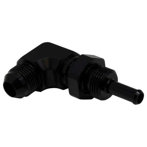 DeatschWerks - DeatschWerks 8AN Male Flare to 5/16in Male Barb Bulkhead Adapter 90-Degree - Anodized Matte Black - 6-02-0713-B