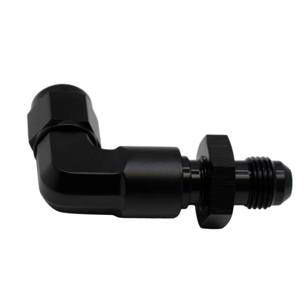 DeatschWerks - DeatschWerks 6AN Female Flare Swivel to 6AN Male Flare 90-Degree Bulkhead - Anodized Matte Black - 6-02-0727-B