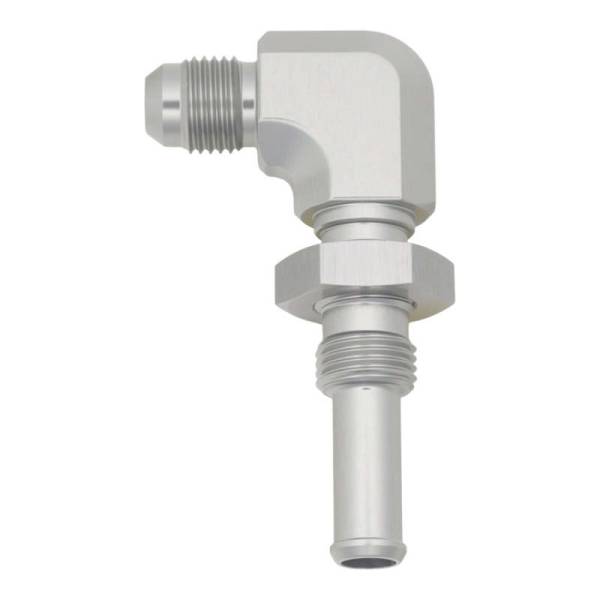 DeatschWerks - DeatschWerks 6AN Male Flare to 90-Degree 3/8in Single Hose Barb - Anodized DW Titanium - 6-02-0733