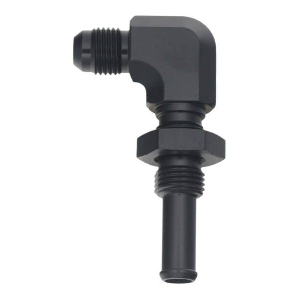 DeatschWerks - DeatschWerks 6AN Male Flare to 90-Degree 3/8in Single Hose Barb - Anodized Matte Black - 6-02-0733-B