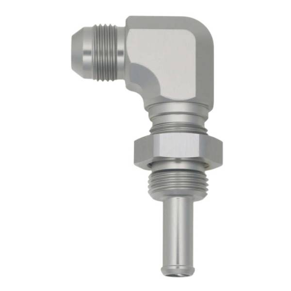 DeatschWerks - DeatschWerks 8AN Male Flare to 90-Degree 3/8in Single Hose Barb - Anodized DW Titanium - 6-02-0742