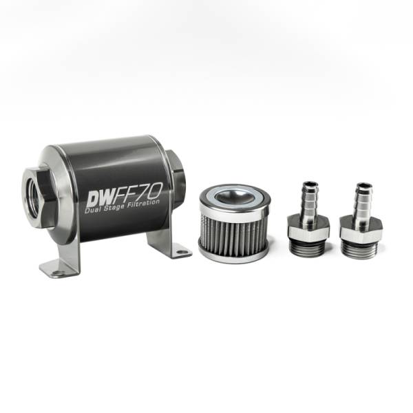 DeatschWerks - DeatschWerks Stainless Steel 3/8in 40 Micron Universal Inline Fuel Filter Housing Kit (70mm) - 8-03-070-040K-38