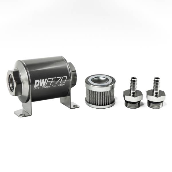 DeatschWerks - DeatschWerks Stainless Steel 5/16in 100 Micron Universal Inline Fuel Filter Housing Kit (70mm) - 8-03-070-100K-516