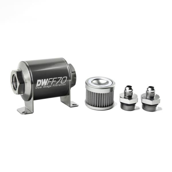DeatschWerks - DeatschWerks Stainless Steel 6AN 100 Micron Universal Inline Fuel Filter Housing Kit (70mm) - 8-03-070-100K-6