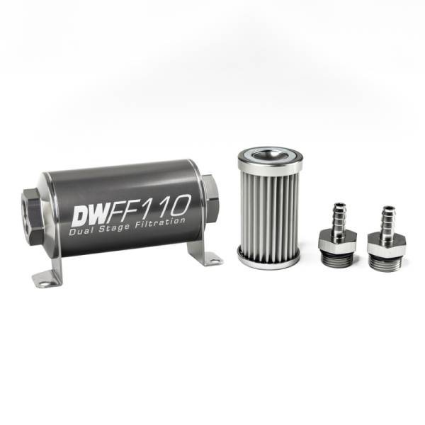 DeatschWerks - DeatschWerks Stainless Steel 5/16in 5 Micron Universal Inline Fuel Filter Housing Kit (110mm) - 8-03-110-005K-516