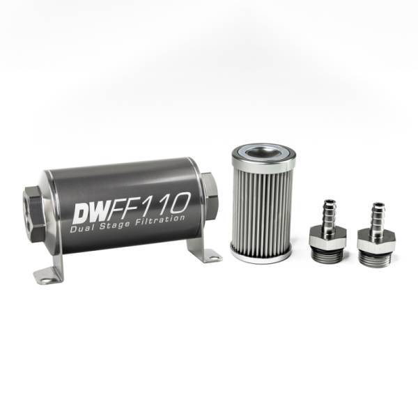 DeatschWerks - DeatschWerks Stainless Steel 5/16in 10 Micron Universal Inline Fuel Filter Housing Kit (110mm) - 8-03-110-010K-516