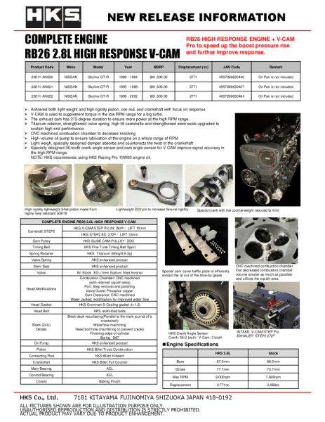 HKS - HKS COMPLETE ENGINE RB26 2.8L HR V-CAM - Nissan GTR R34 - 23011-AN022