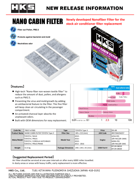 HKS - HKS Nano Cabin Filter Toyota Type3 - 70027-AT003