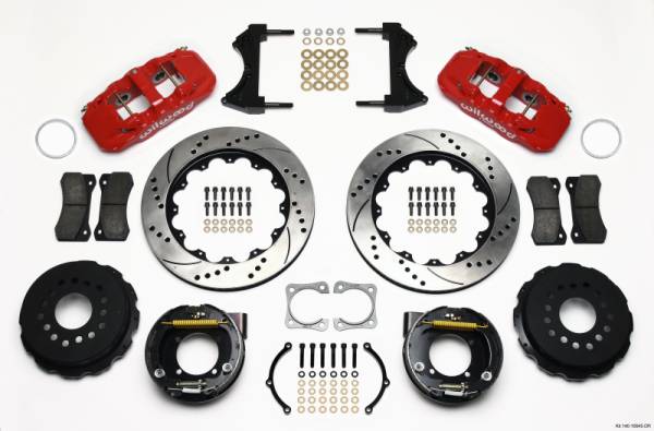 Wilwood - Wilwood AERO4 Rear P-Brake Kit 14.00in Drilled Red Chevy 12 Bolt-Spec 3.15in Brng - 140-10945-DR