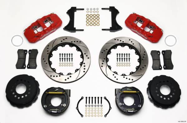 Wilwood - Wilwood AERO4 Rear P-Brake Kit 14.00in Drill Red Ford 8.8 w/2.5in Offset-5 Lug - 140-10952-DR