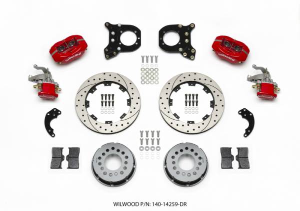 Wilwood - Wilwood Forged Dynalite P/S Rear Kit w/MC4 P-Brake Drill Red Chev 12 Bolt w/Clip Elimin-Staggered - 140-14259-DR