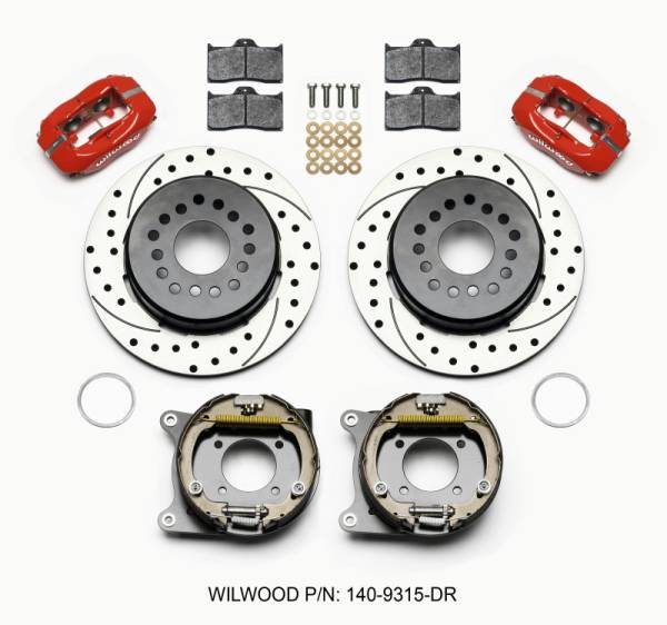 Wilwood - Wilwood Forged Dynalite P/S Park Brake Kit Drilled Red 12 Bolt 2.75in offset Staggered Shock - 140-9315-DR