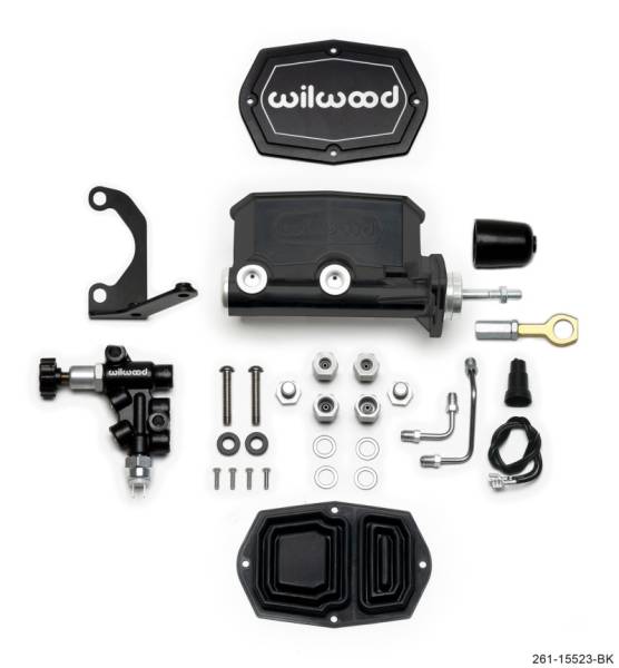 Wilwood - Wilwood Compact Tandem M/C - 15/16in Bore w/Bracket and Valve fits Mustang (Pushrod) - Black - 261-15523-BK