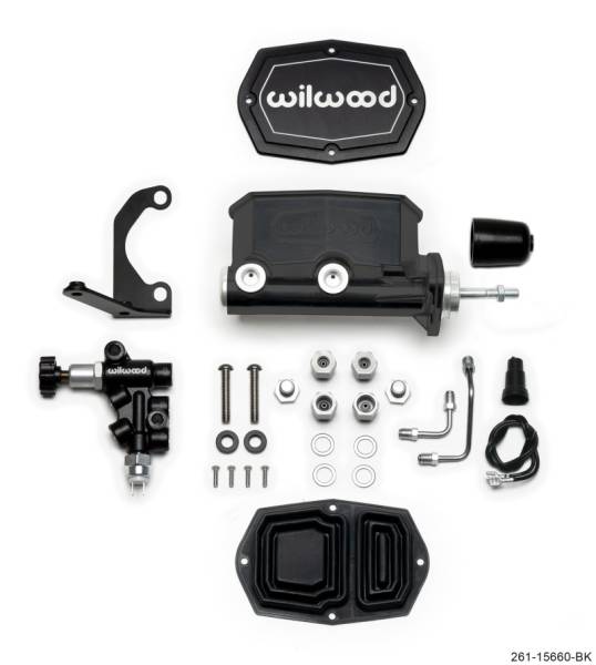 Wilwood - Wilwood Compact Tandem M/C - 15/16in Bore w/RH Bracket and Valve (Pushrod) - Black - 261-15660-BK