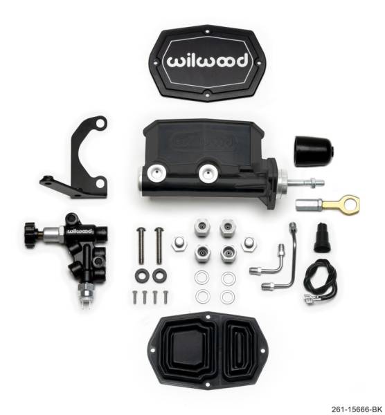 Wilwood - Wilwood Compact Tandem M/C - 1.12in Bore w/RH Bracket and Valve (Mustang Pushrod) - Black - 261-15666-BK
