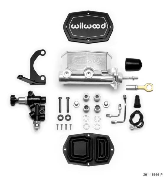 Wilwood - Wilwood Compact Tandem M/C - 1.12in Bore w/RH Bracket and Valve (Mustang Pushrod) - Ball Burnished - 261-15666-P