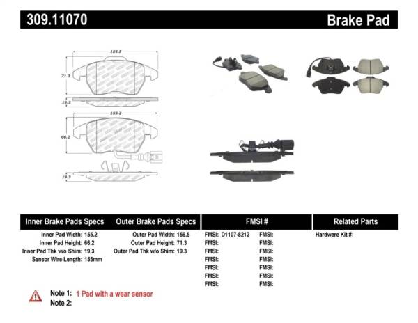 Stoptech - StopTech Performance 06-10 Audi A3 / 08-10 Audi TT / 06-09 VW GTI / 05-10 Jetta Front Brake Pads - 309.11070