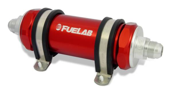 Fuelab - Fuelab 858 In-Line Fuel Filter Long -8AN In/Out 10 Micron Fabric w/Check Valve - Red - 85801-2