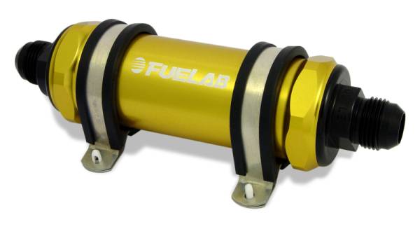Fuelab - Fuelab 858 In-Line Fuel Filter Long -8AN In/Out 10 Micron Fabric w/Check Valve - Gold - 85801-5