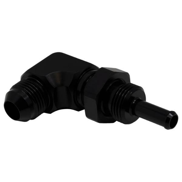 DeatschWerks - DeatschWerks 6-02-0713-B DeatschWerks 8AN Male Flare to 5/16in Male Barb Bulkhead Adapter 90-Degree - Anodized Matte Black