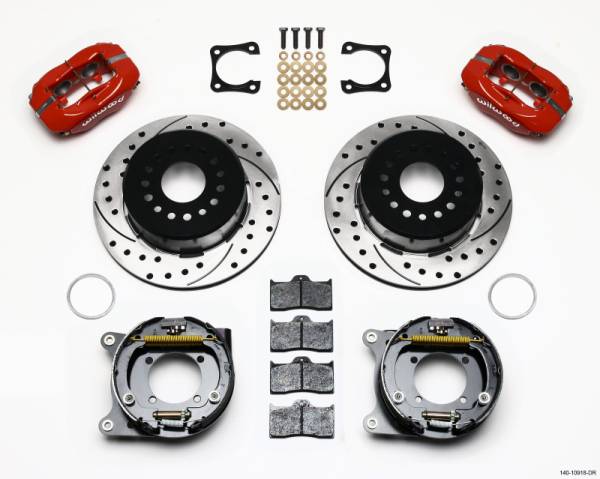 Wilwood - Wilwood 140-10918-DR Wilwood Forged Dynalite P/S Park Brake Kit Drilled Red Chevy 12 Bolt-Spec 3.15in Brng Staggered mt