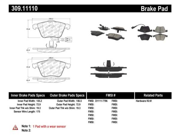Stoptech - Stoptech 309.11110 StopTech Performance 08-13 Audi TT Quattro / 12 VW Golf R Front Brake Pads