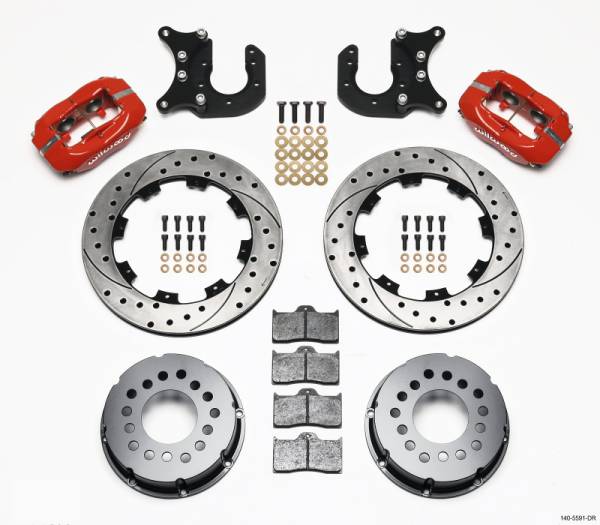 Wilwood - Wilwood 140-5591-DR Wilwood Forged Dynalite P/S Rear Kit Drilled Red Mopar/Dana 2.36in Off w/Snap Ring Bearing