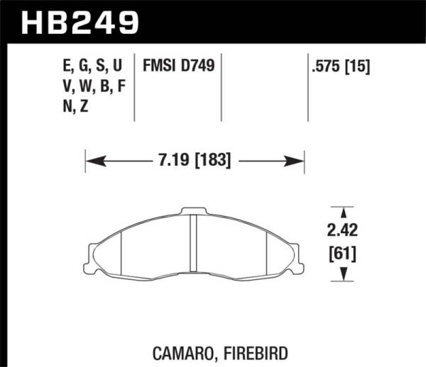 Hawk Performance - Hawk Performance kHB249B.575 Hawk 1998-2002 Chevrolet Camaro SS 5.7 HPS 5.0 Front Brake Pads