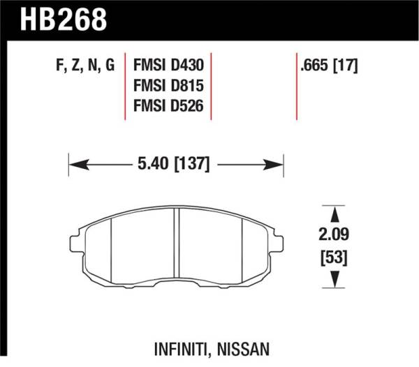 Hawk Performance - Hawk Performance kHB268Z.665 Hawk 03-04 G35/03-05 G35X/ 02-05 350z w/o Brembo Performance Ceramic Street Front Brake Pads