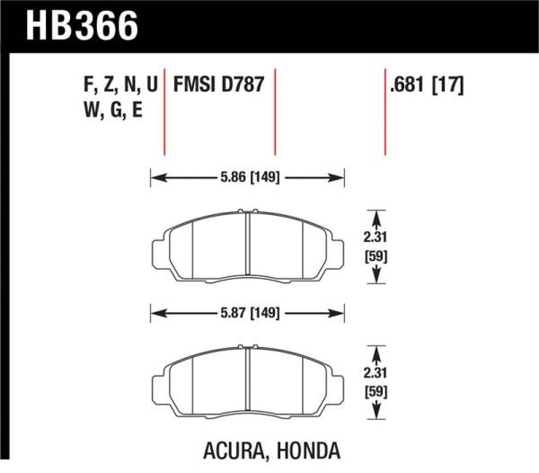 Hawk Performance - Hawk Performance kHB366Z.681 Hawk 04+ Accord TSX / 99-08 TL / 01-03 CL / 08+ Honda Accord EX Ceramic Street Front Brake Pads