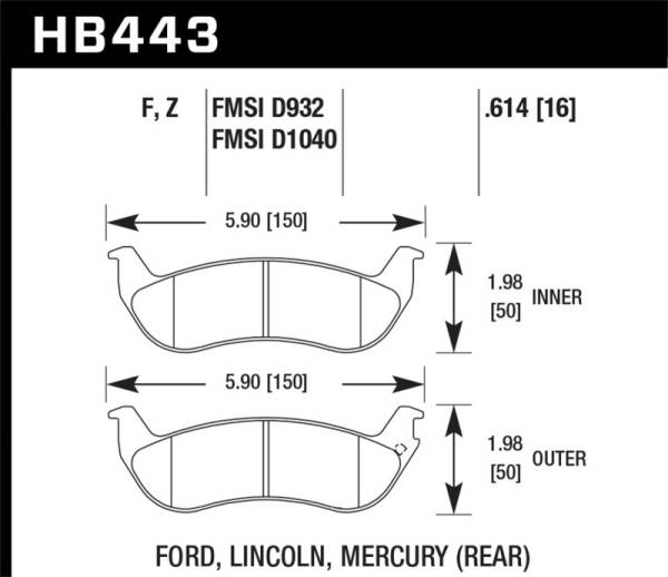 Hawk Performance - Hawk Performance kHB443W.614 Hawk 03-04 Mercury Marauder DTC-30 Rear Race Pads
