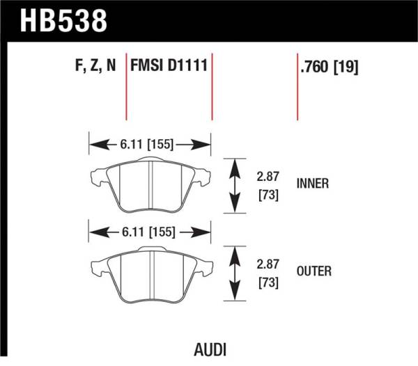 Hawk Performance - Hawk Performance kHB538F.760 Hawk 09 Audi A4 Cabriolet / 05-07 A4 / 05-09 A4 Quattro / 06-09 A6 / 08 VW R32 HPS Front Brake Pads