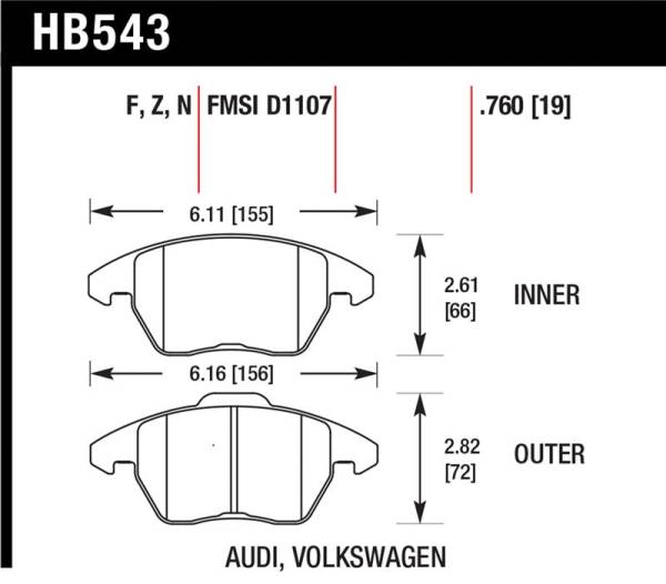 Hawk Performance - Hawk Performance kHB543Z.760 Hawk Audi A3 Quattro / VW EOS / Golf / Jetta / Passat / Rabbit Performance Ceramic Front Brake Pads