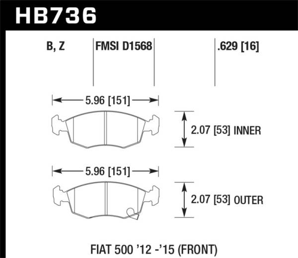 Hawk Performance - Hawk Performance kHB736Z.629 Hawk 12-16 Fiat 500 Performance Ceramic Street Front Brake Pads