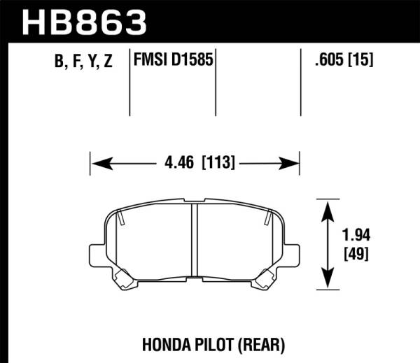 Hawk Performance - Hawk Performance kHB863Z.605 Hawk 12-15 Honda Pilot Performance Ceramic Street Rear Brake Pads