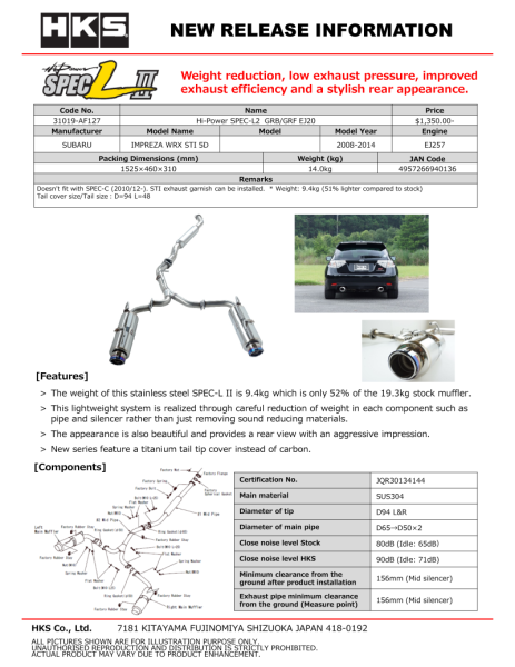 HKS - HKS 31019-AF127 HKS Hi-Power SPEC-L2 GRB/GRF EJ20