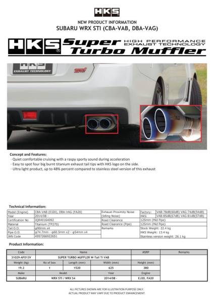 HKS - HKS 31029-AF013V HKS SUPER TURBO MUFFLER Ti Subaru VAB WRX STI/VAG WRX S4