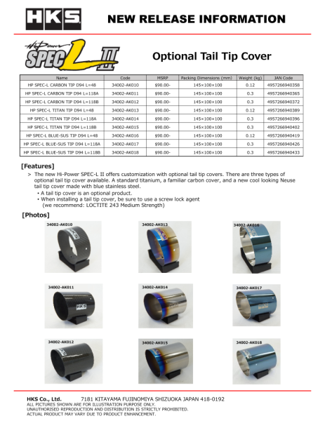 HKS - HKS 34002-AK010 HKS Hi-Power SPEC-L Tail Tip Cover - Carbon