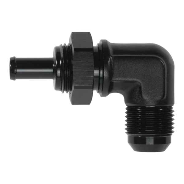 DeatschWerks - DeatschWerks 6-02-0796-B DeatschWerks 10AN Male Flare Bulkhead to 3/8in Hose Barb 90-Degree